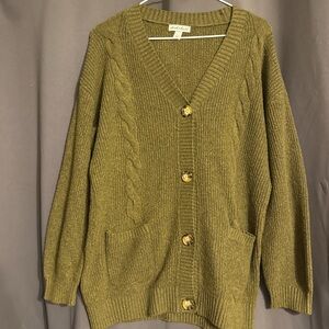 Derek Heart Olive Green Cable-Trim Button Cardigan